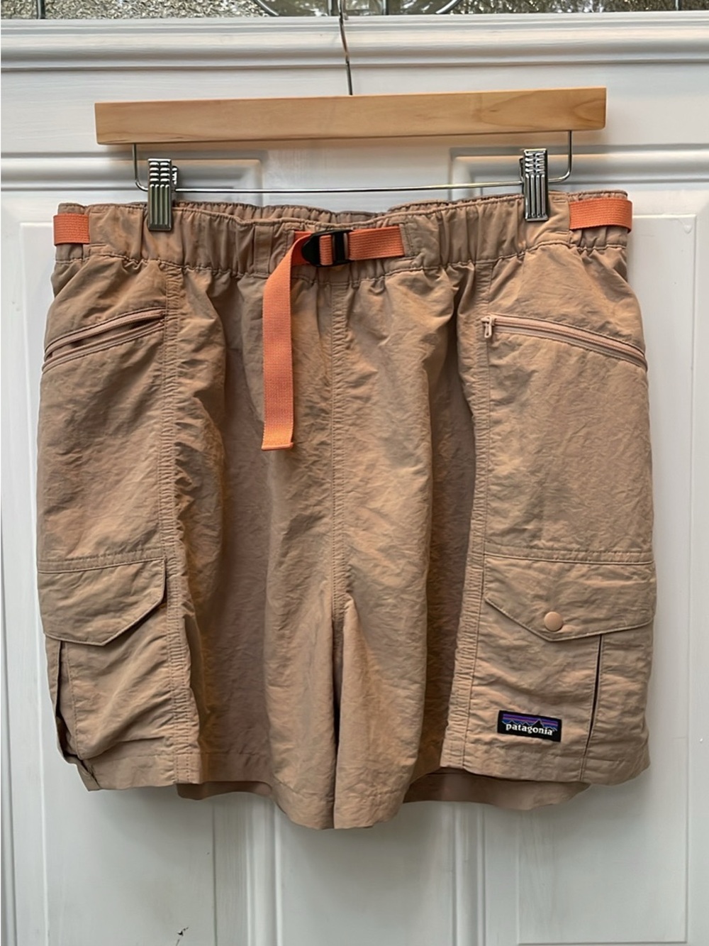 Patagonia Tan Cargo Athletic Shorts with Orange Web Belt